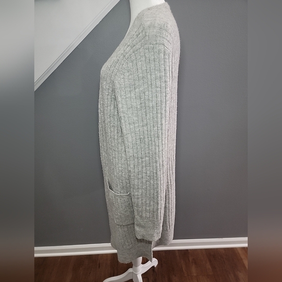 Max Studio Gray Black Herringbone Open Front Long Cardigan Sweater Size L - Picture 2 of 6